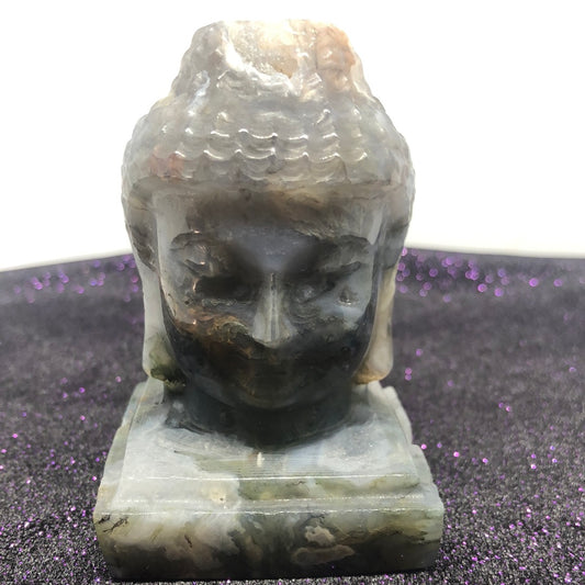 Raw Moss agate buddha with druzzy