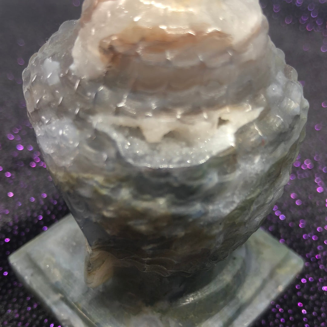 Raw Moss agate buddha with druzzy